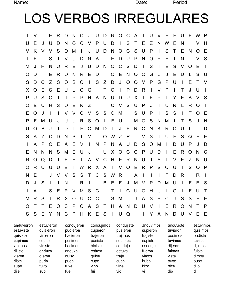 LOS VERBOS IRREGULARES Word Search