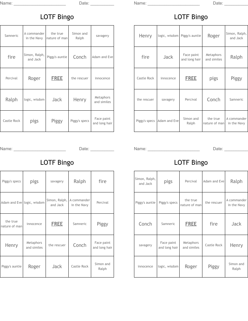 LOTF Bingo