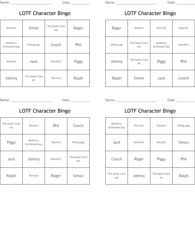 LOTF Character Bingo