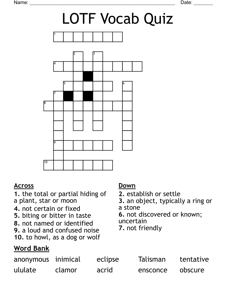 LOTF Vocab Quiz  Crossword