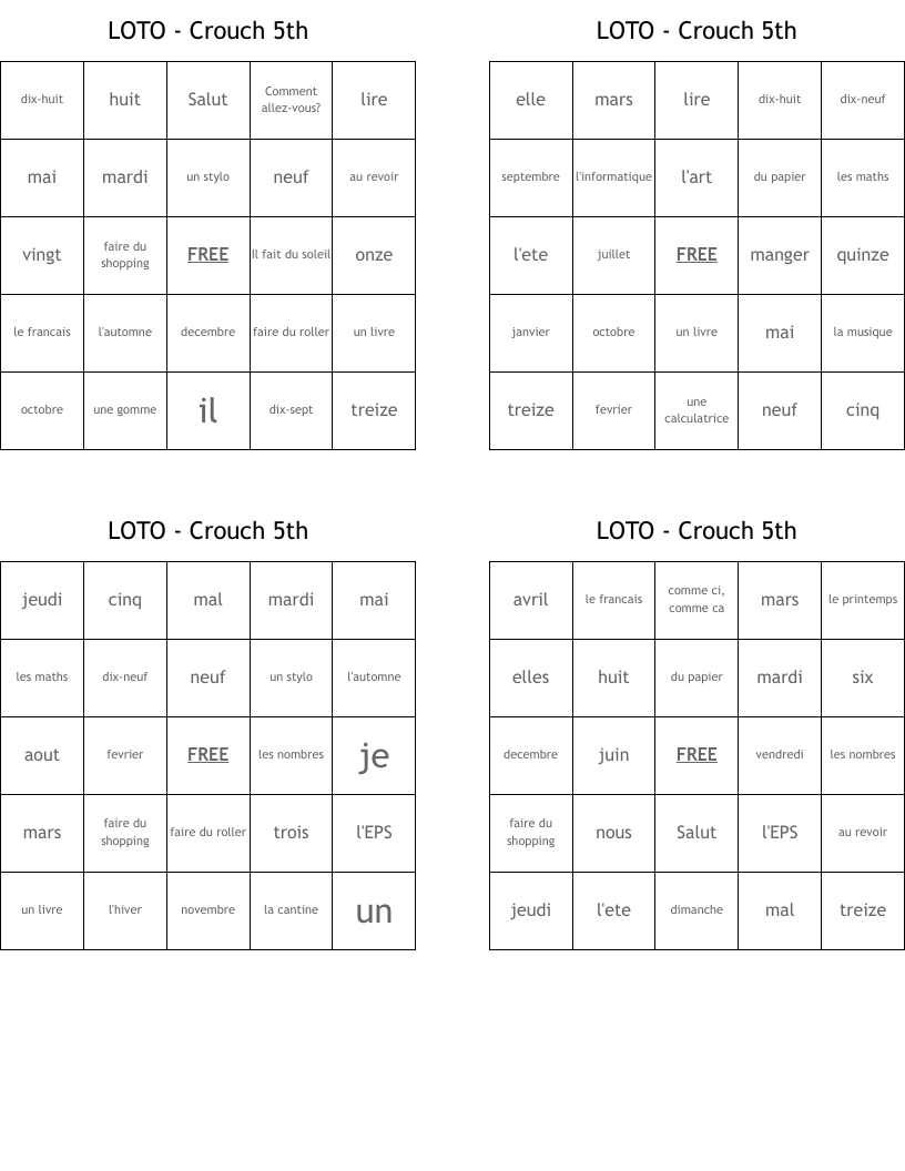LOTO - Crouch 5th  Bingo Cards