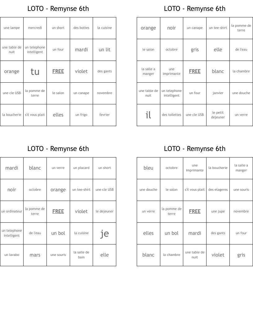 LOTO - Remynse 6th Bingo Cards
