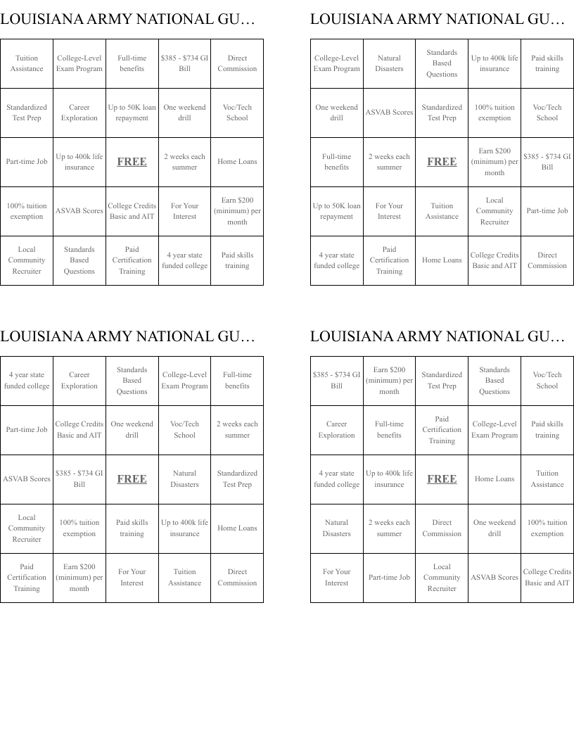 LOUISIANA ARMY NATIONAL GUARD  Bingo Cards