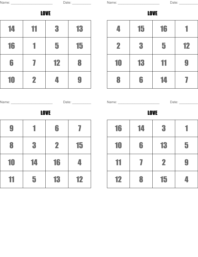 LOVE Bingo Cards