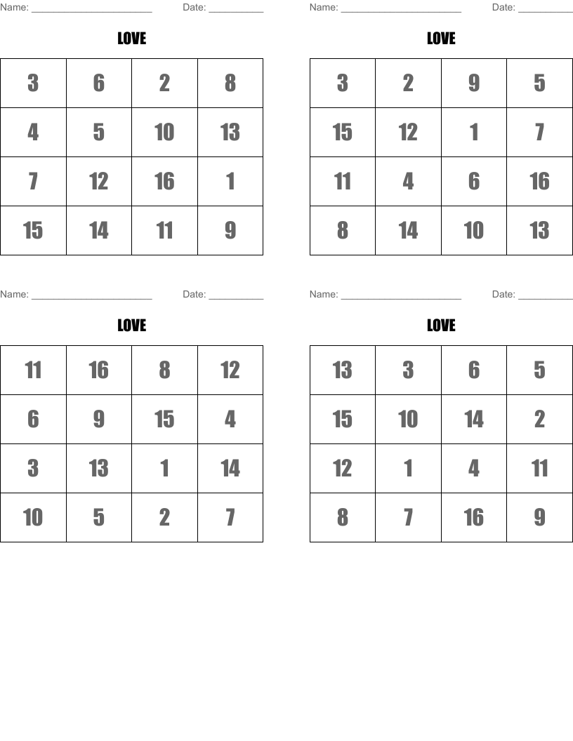 LOVE Bingo Cards