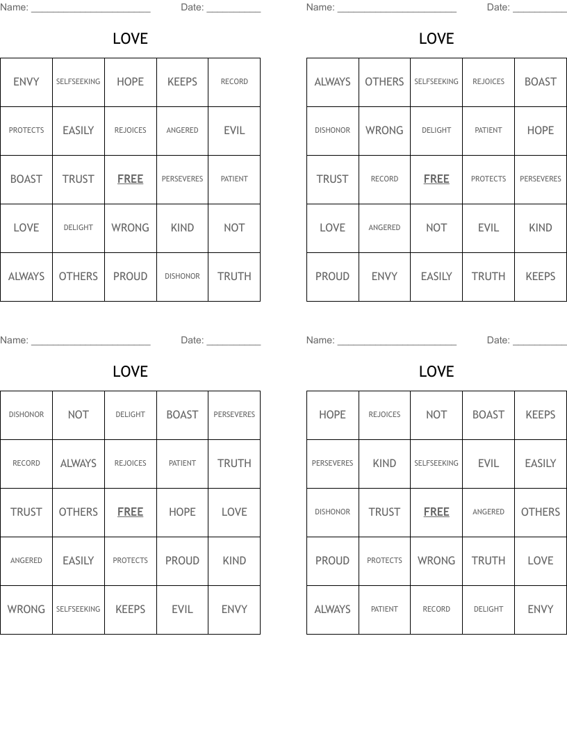 LOVE Bingo Cards