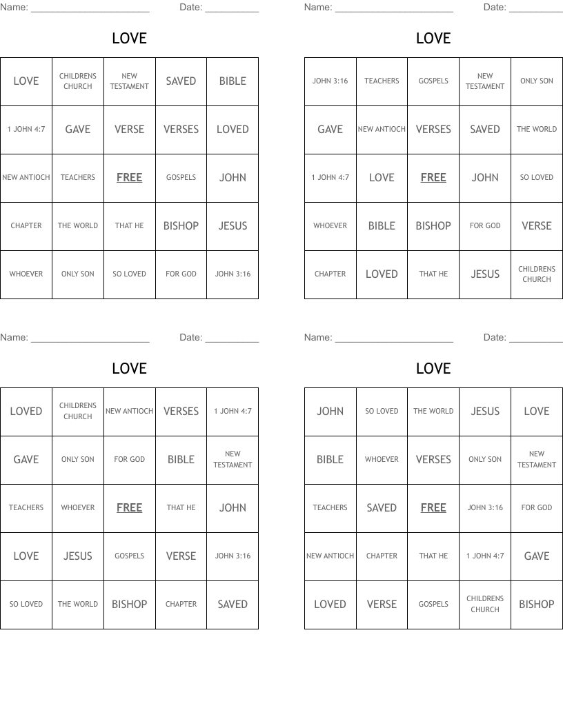 LOVE Bingo Cards
