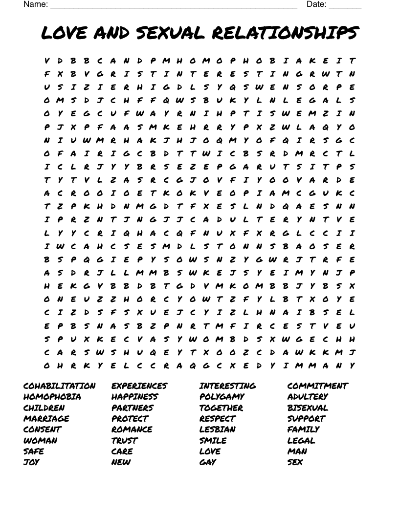 LOVE AND SEXUAL RELATIONSHIPS Word Search