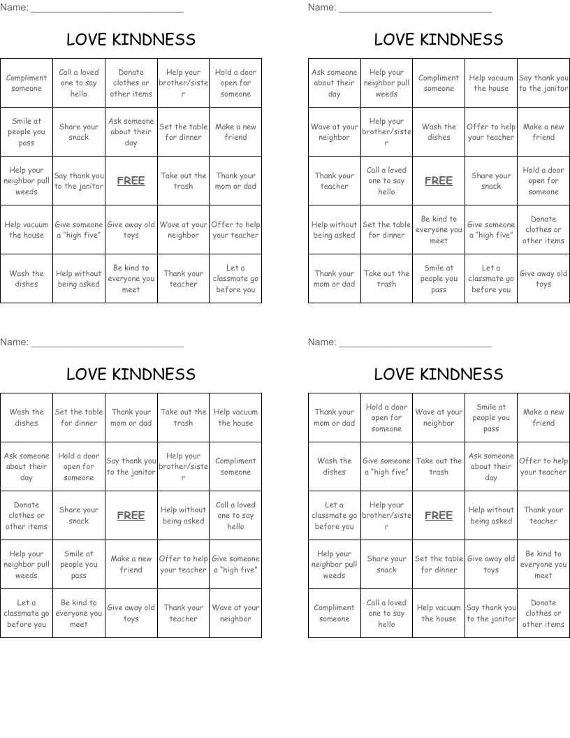 LOVE KINDNESS Bingo Cards