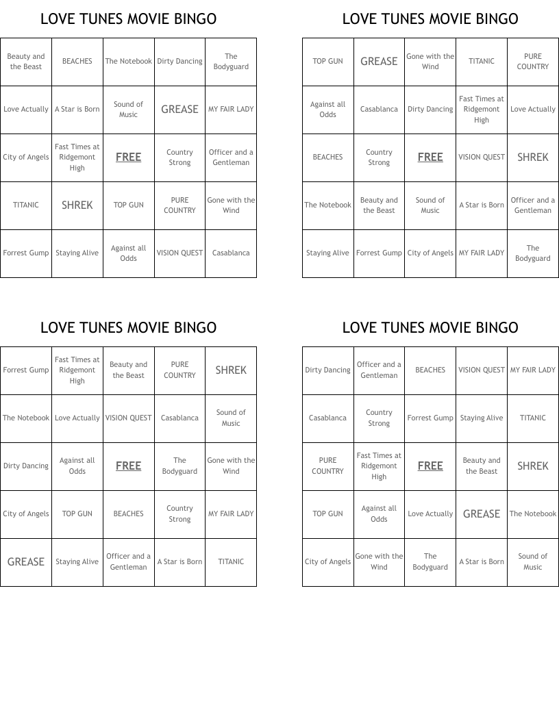 LOVE TUNES MOVIE BINGO