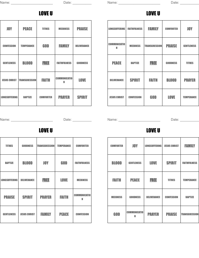 LOVE U Bingo Cards