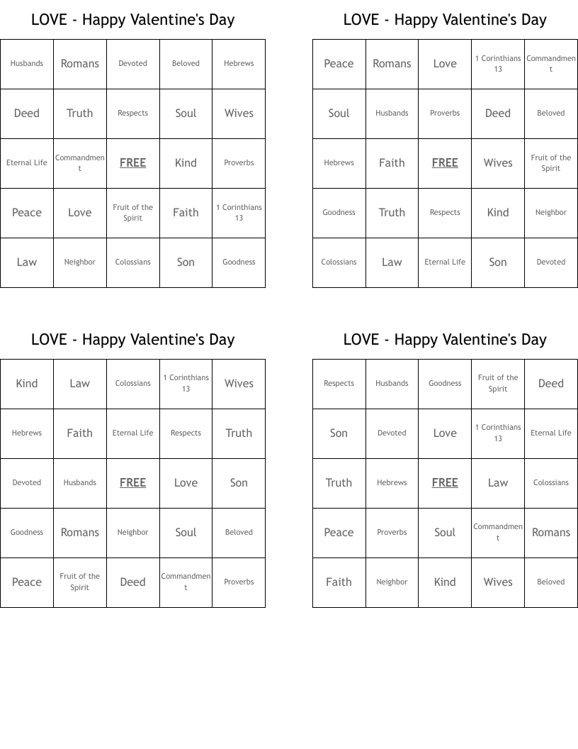 LOVE - Happy Valentine's Day Bingo Cards