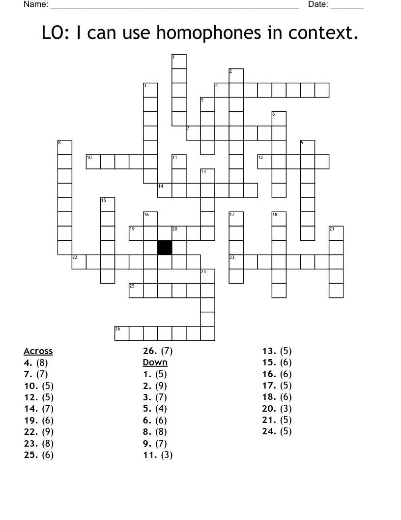 LO: I can use homophones in context. Crossword