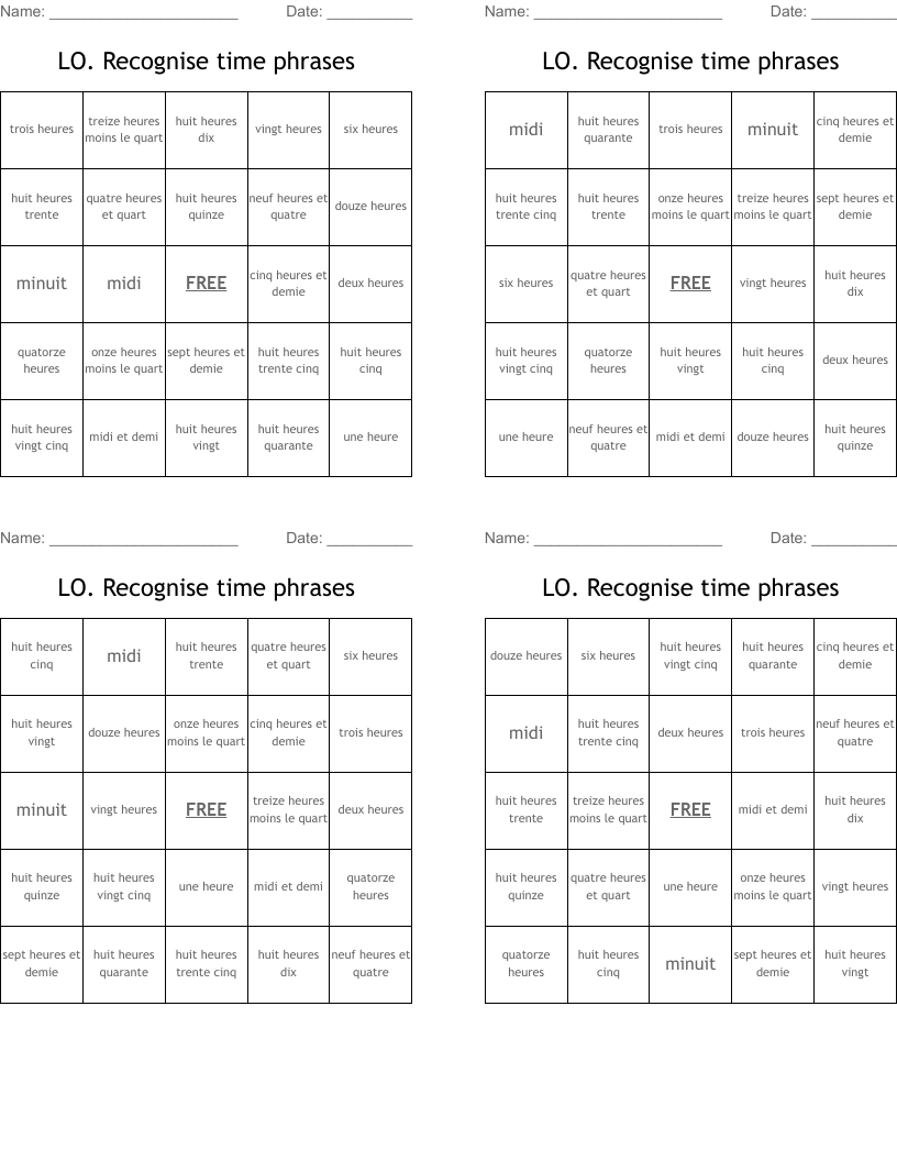 LO. Recognise time phrases Bingo Cards