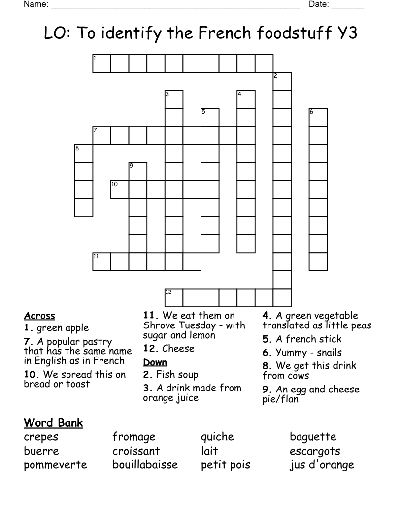 LO: To identify the French foodstuff  Y3 Crossword