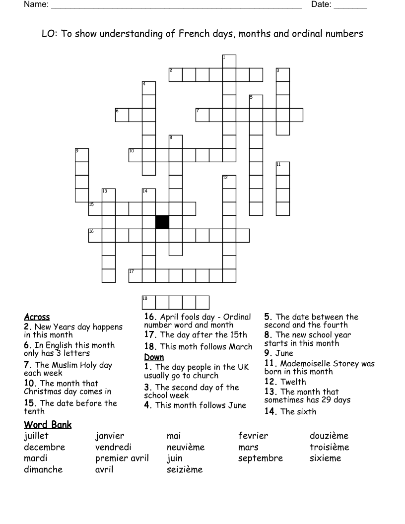 LO: To show understanding of French days, months and ordinal numbers Crossword