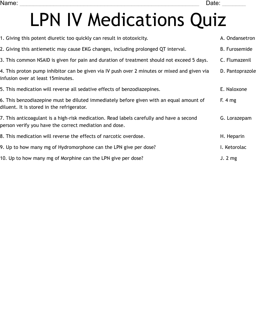 LPN IV Medications Quiz Worksheet