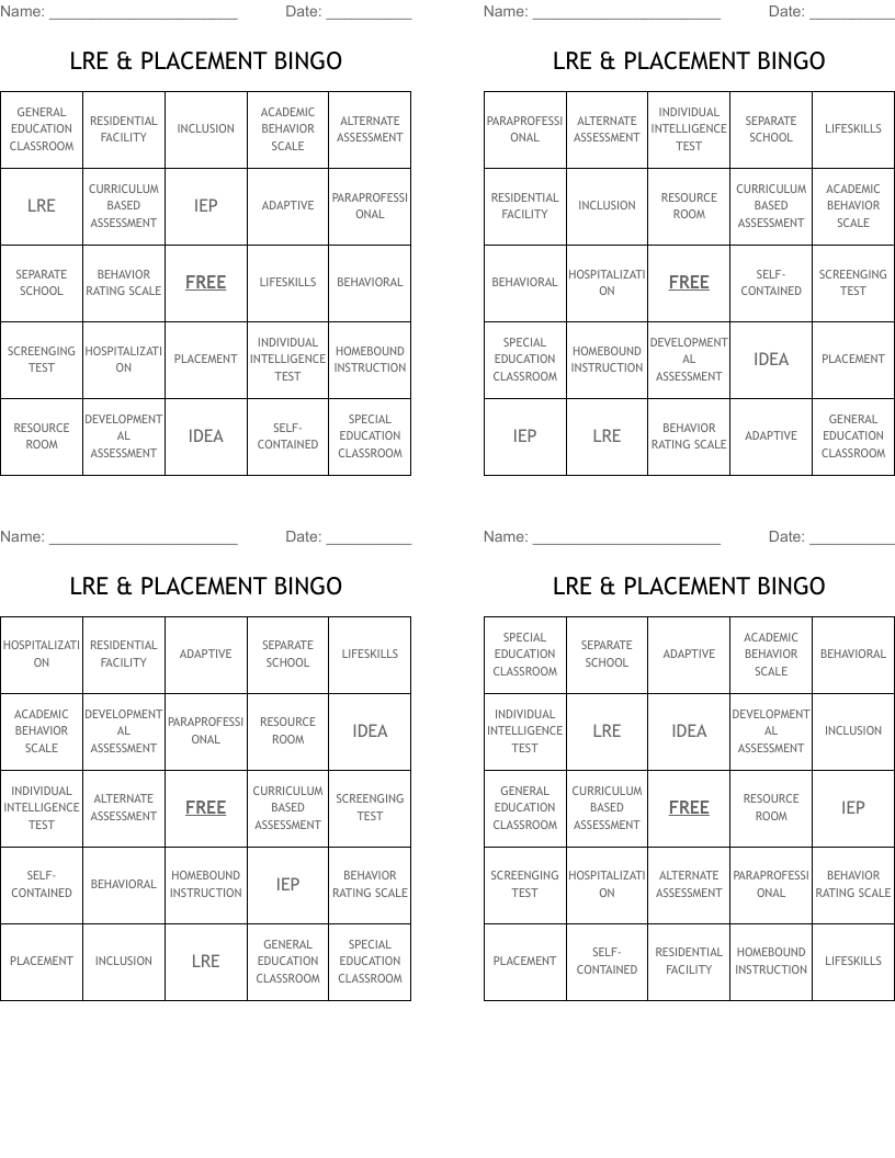 LRE & PLACEMENT BINGO