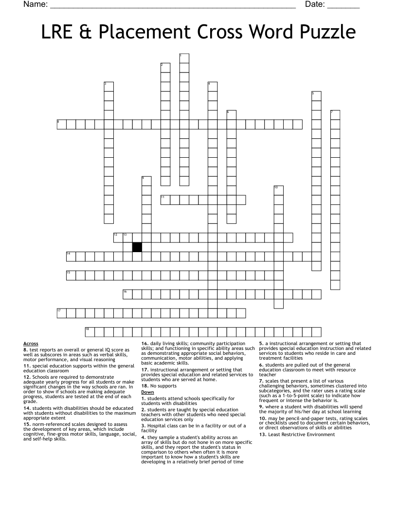 LRE & Placement Cross Word Puzzle