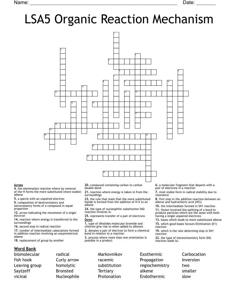 LSA5 Organic Reaction Mechanism Crossword