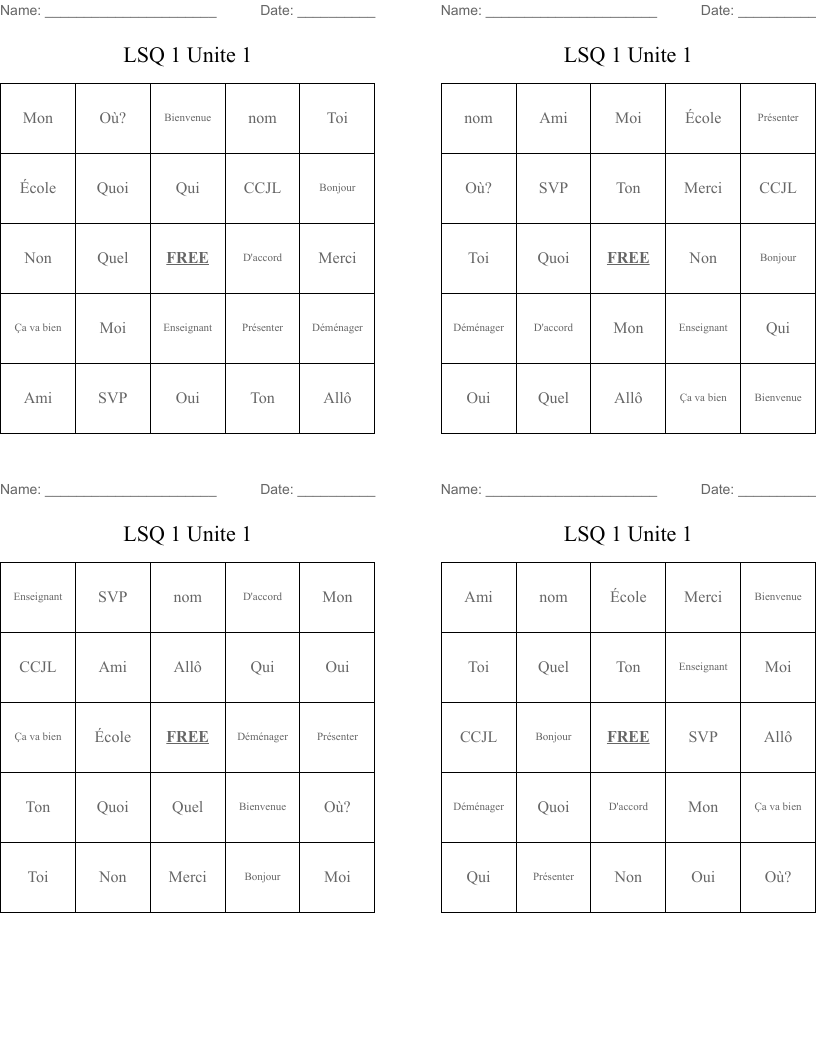 LSQ 1 Unite 1 Bingo Cards