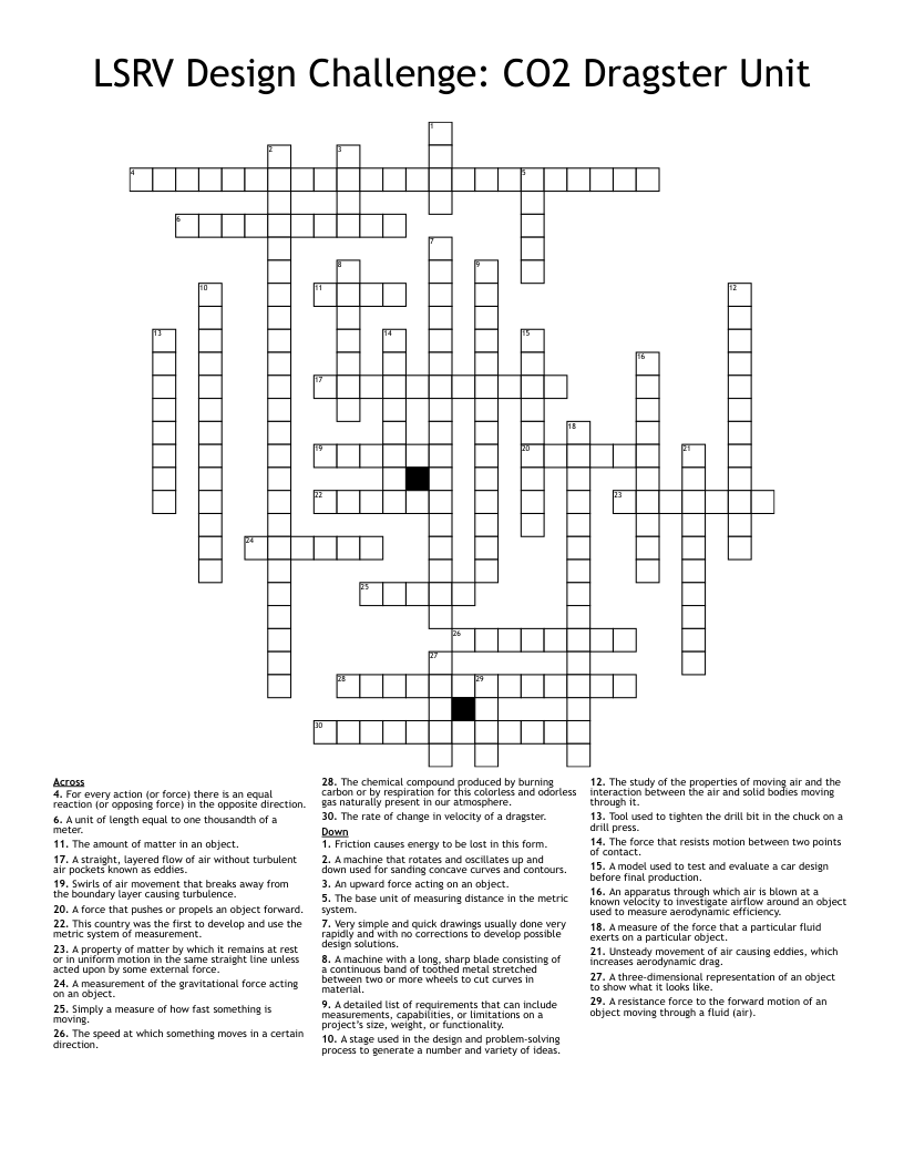LSRV Design Challenge: CO2 Dragster Unit Crossword