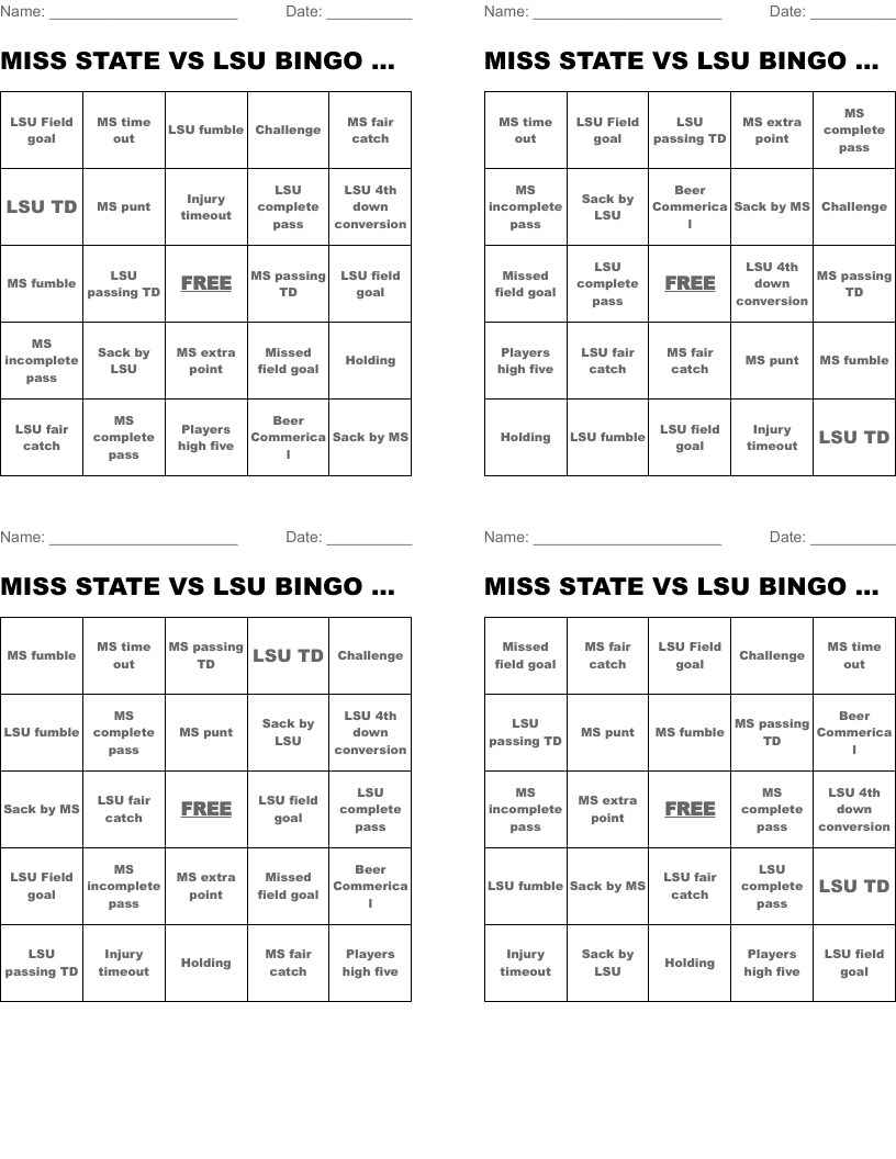 MISS STATE VS LSU BINGO CARD 10