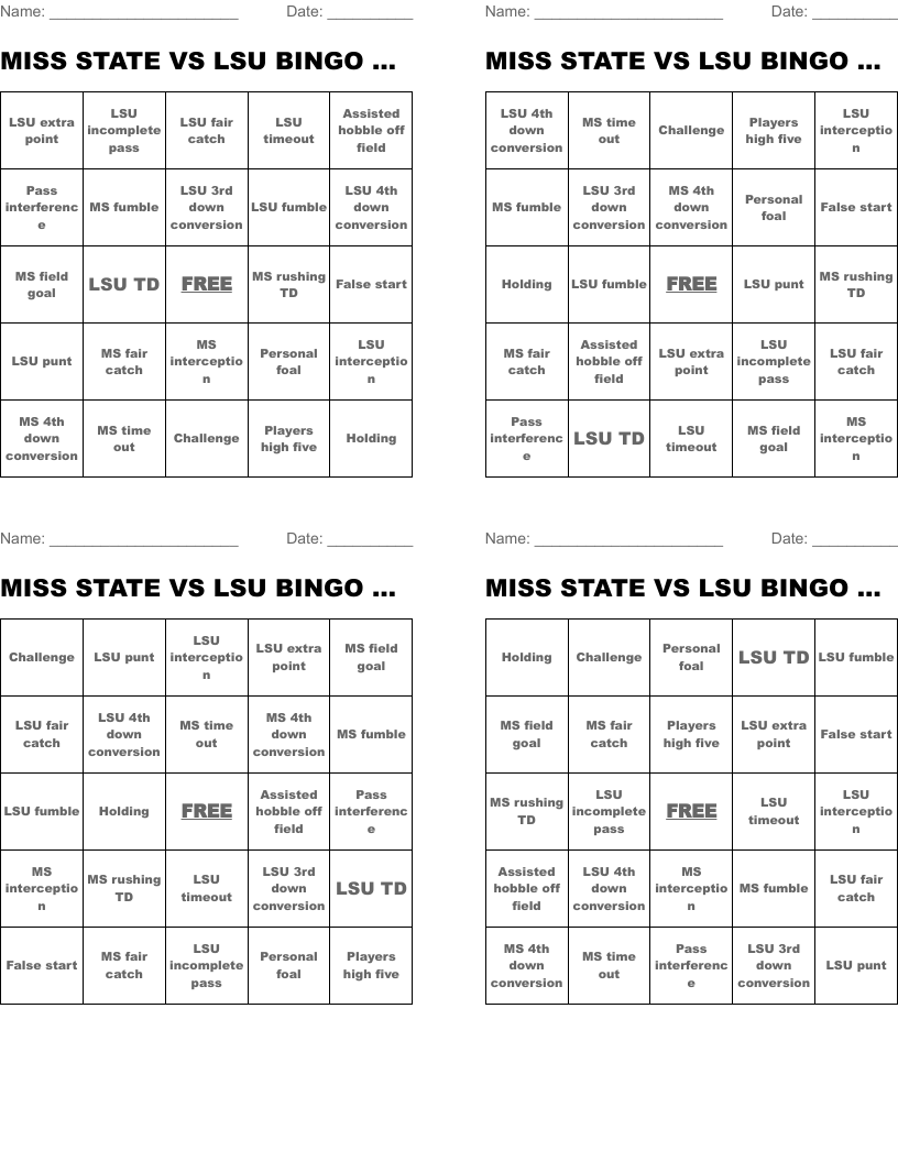 MISS STATE VS LSU BINGO CARD 11