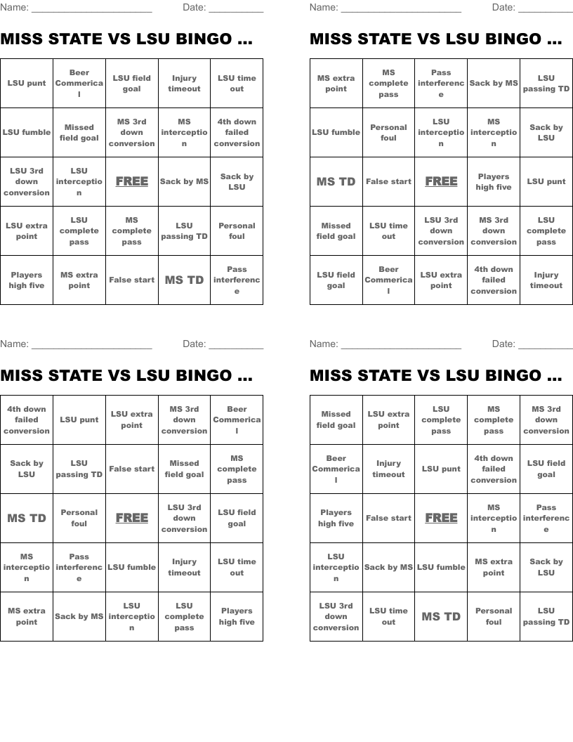 MISS STATE VS LSU BINGO CARD 12