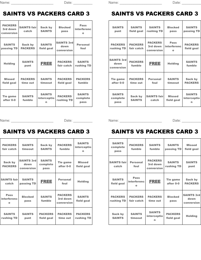 SAINTS VS PACKERS CARD 3 Bingo Cards