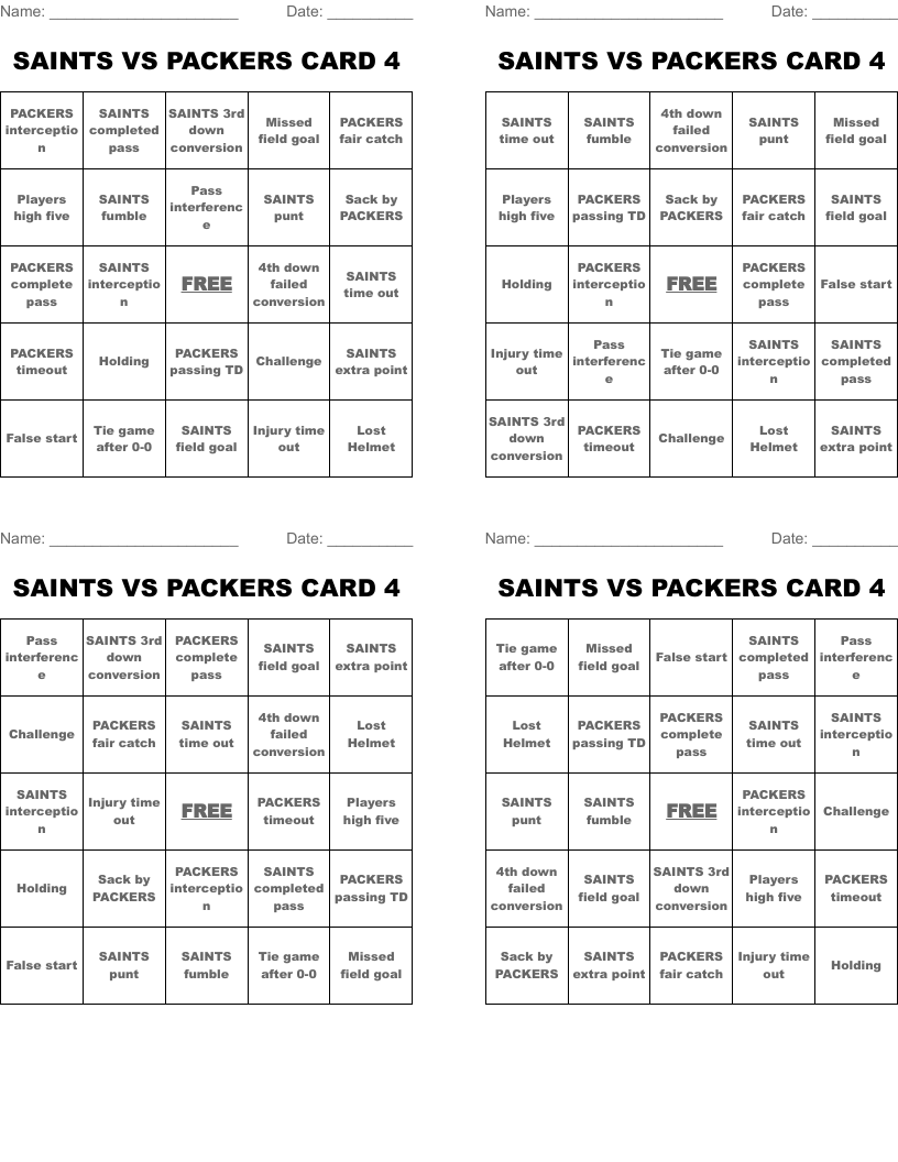 SAINTS VS PACKERS CARD 4 Bingo Cards