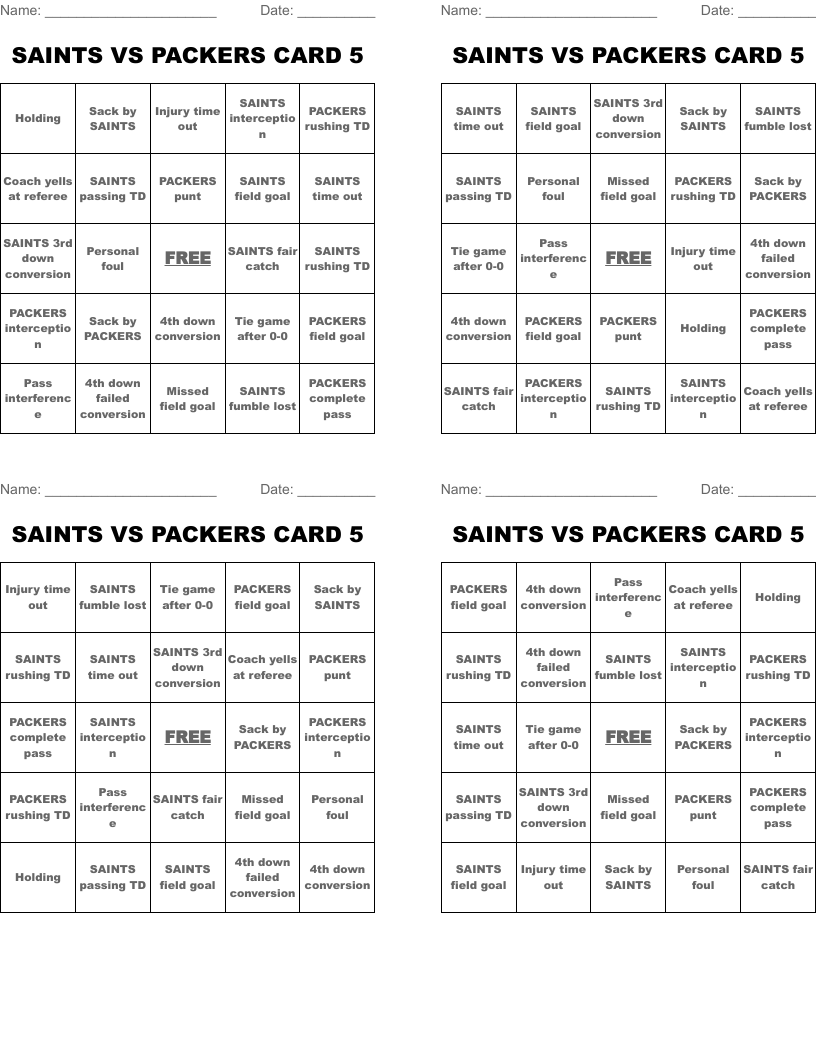 SAINTS VS PACKERS CARD 5 Bingo Cards