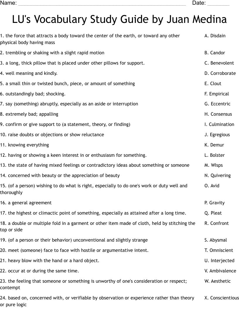 LU's Vocabulary Study Guide by Juan Medina Worksheet