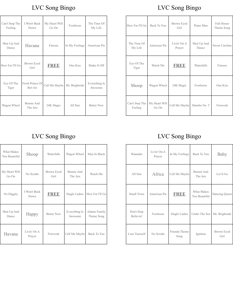 LVC Song Bingo