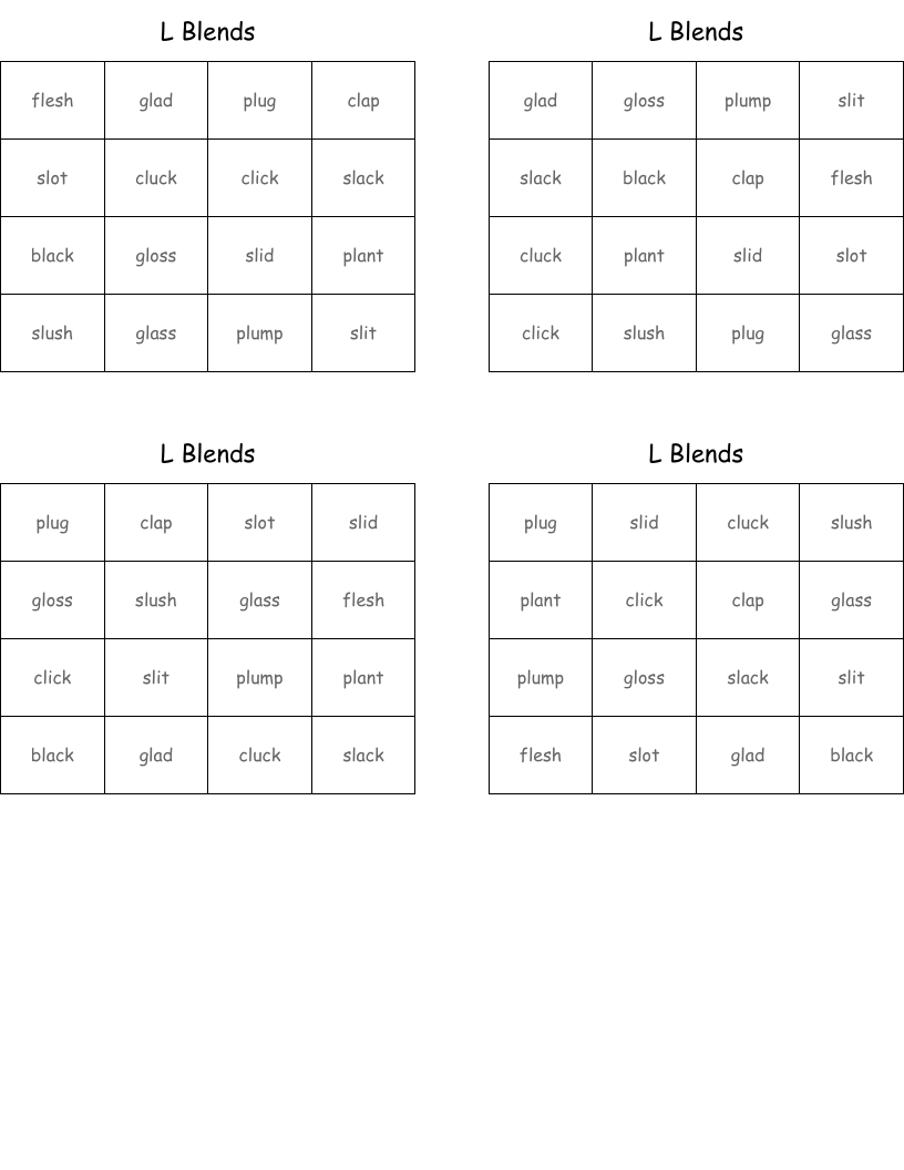 L Blends Bingo Cards