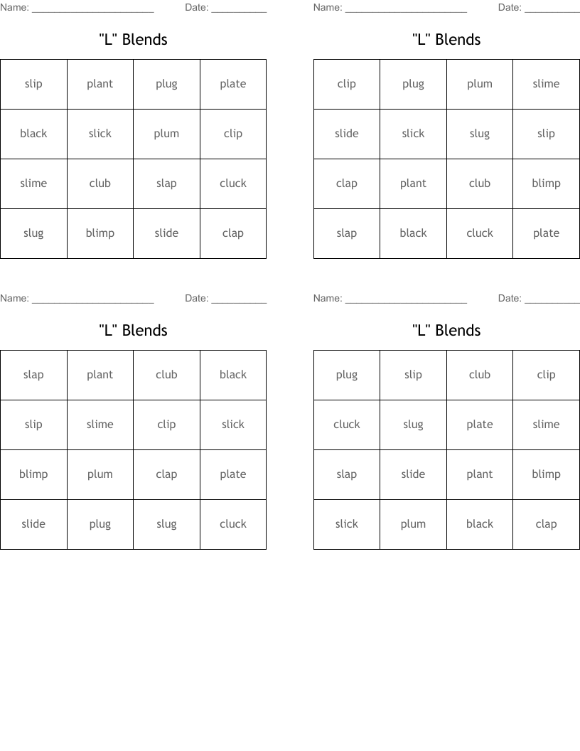 "L" Blends Bingo Cards