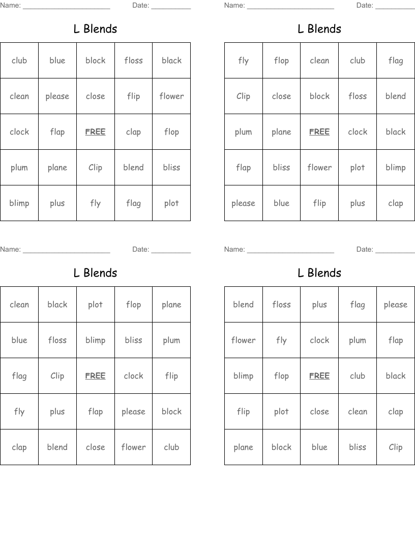 L Blends Bingo Cards
