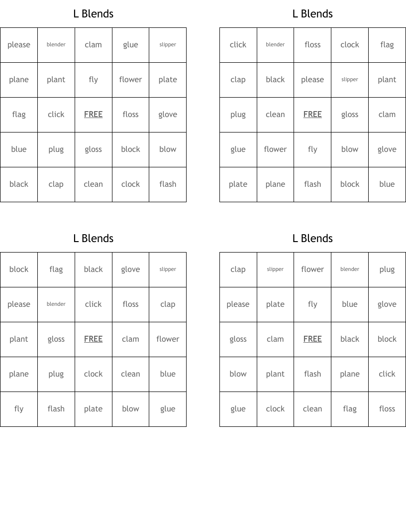 L Blends  Bingo Cards