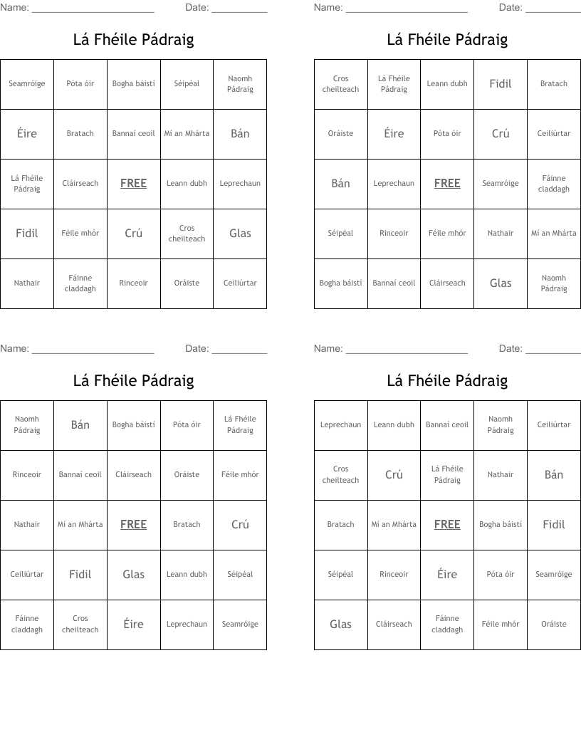 Lá Fhéile Pádraig Bingo Cards