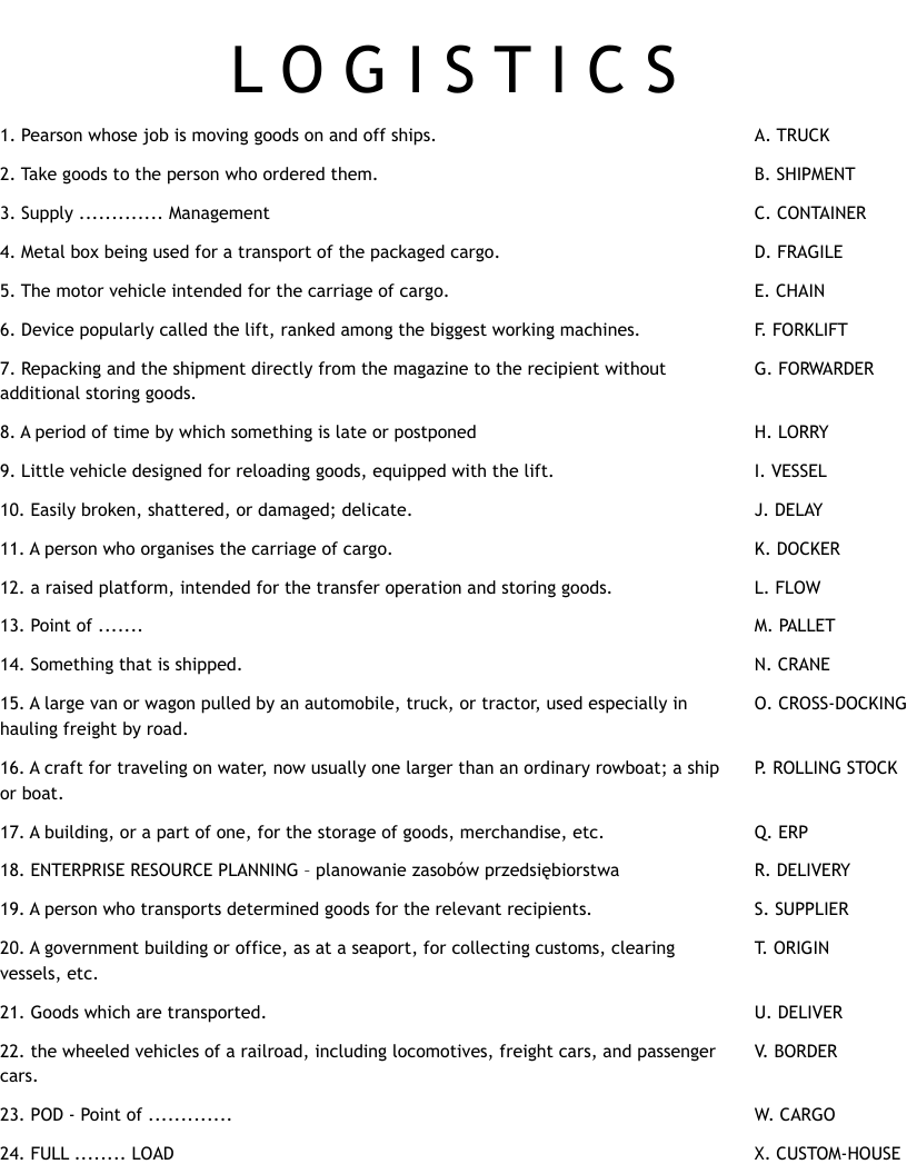 L O G I S T I C S Worksheet