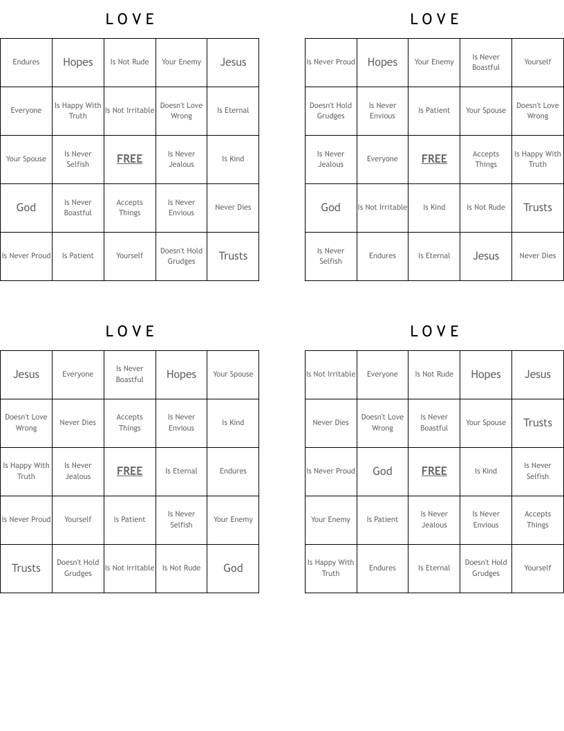 L O V E Bingo Cards
