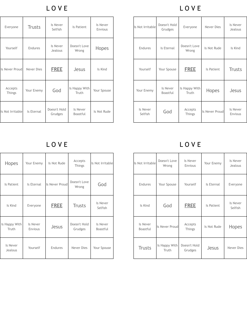 L O V E Bingo Cards