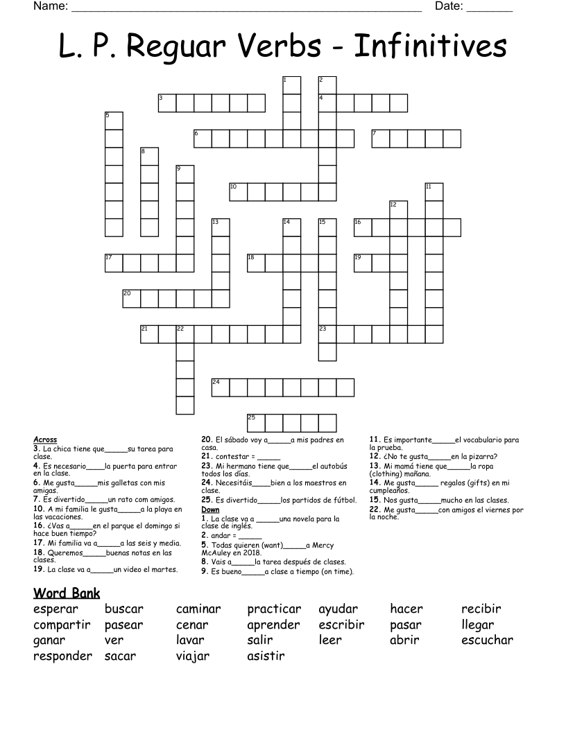 L. P. Reguar Verbs - Infinitives Crossword