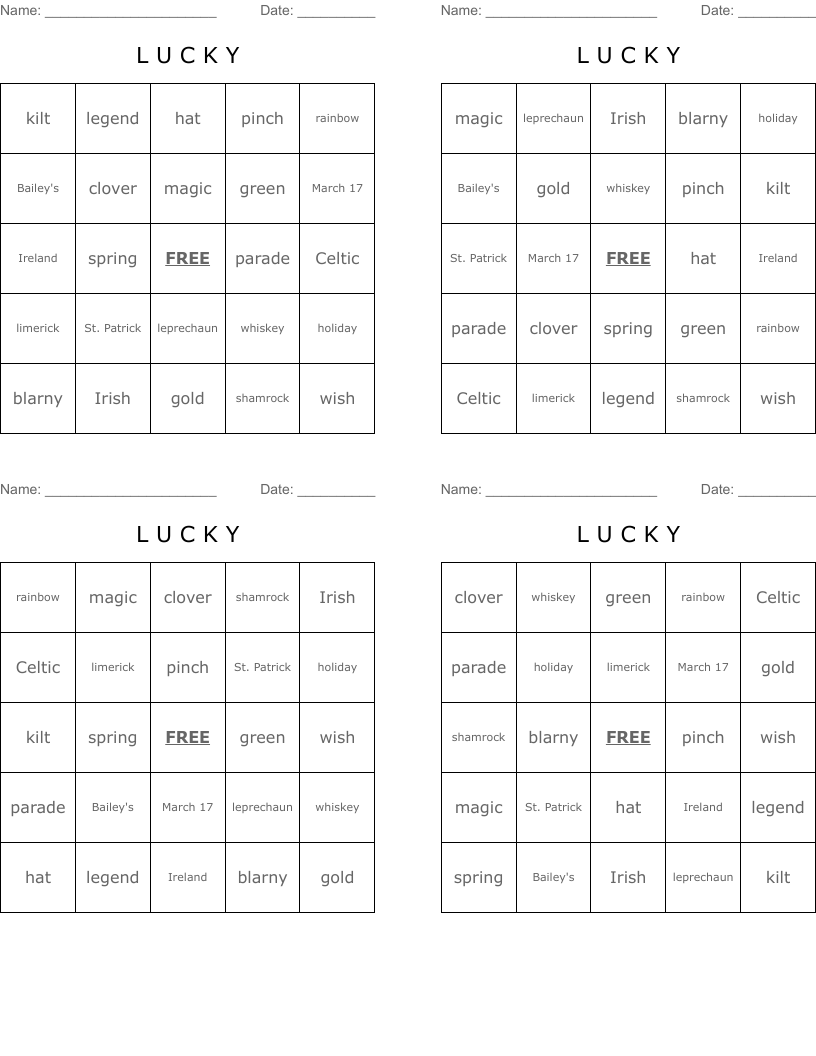 L    U    C             K    Y Bingo Cards