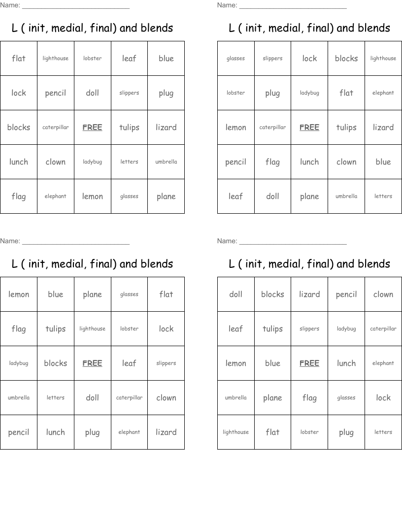 L  ( init, medial, final) and blends Bingo Cards