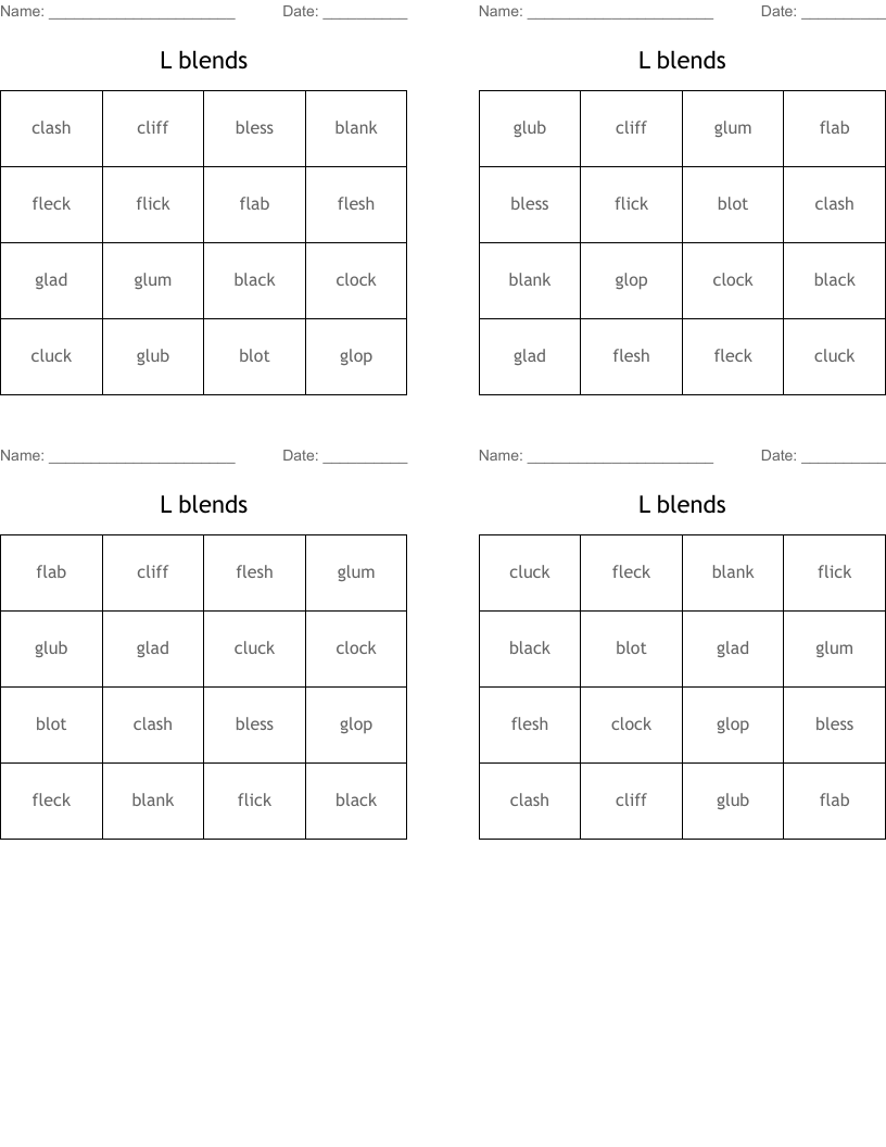 L blends Bingo Cards
