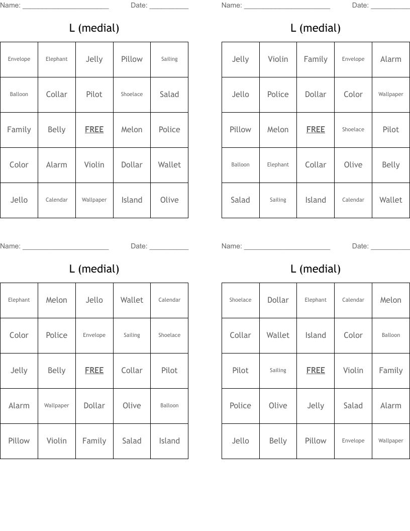 L (medial) Bingo Cards
