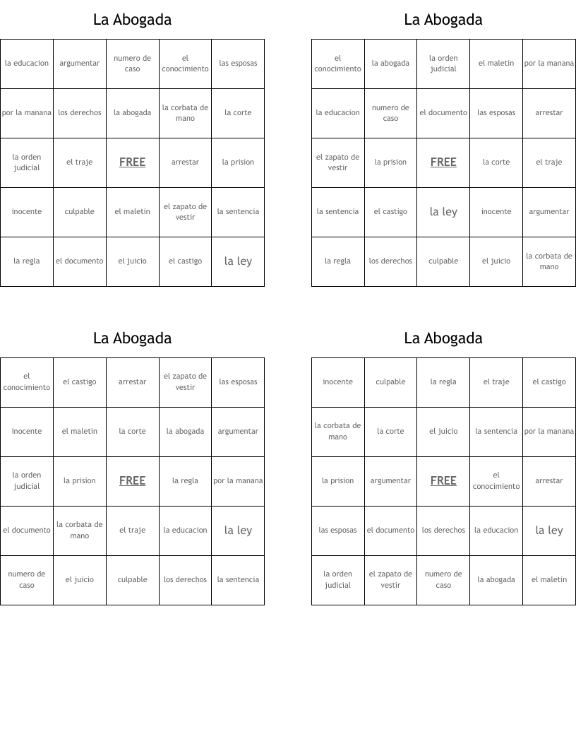 La Abogada Bingo Cards