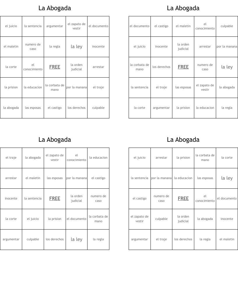 La Abogada Bingo Cards