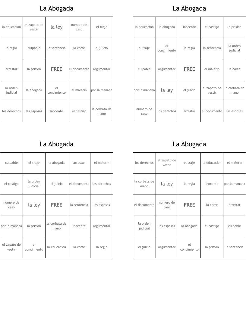 La Abogada  Bingo Cards